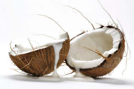 A fresh coconut cracked open, revealing its milk and fleshの素材