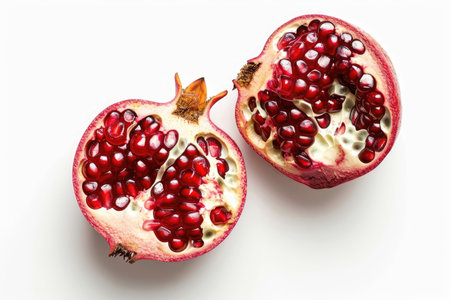 A halved pomegranate revealing jewel-like seeds on whiteの素材