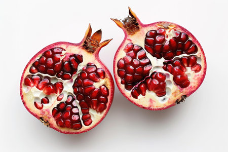 A halved pomegranate revealing jewel-like seeds on whiteの素材