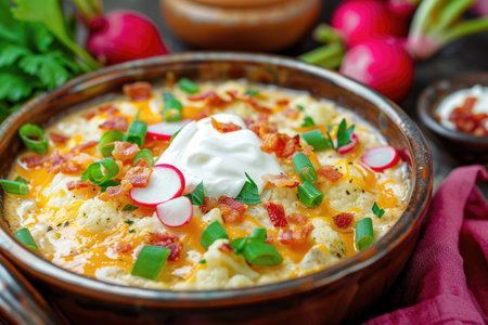 A hearty baked potato soup with cauliflower and radishes, topped with cheese and crispy baconの素材
