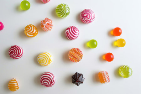Vibrant, handcrafted candies in assorted hues against a pristine white backgroundの素材