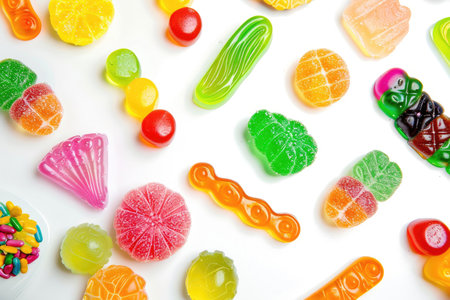 Vibrant, handcrafted candies in assorted hues against a pristine white backgroundの素材