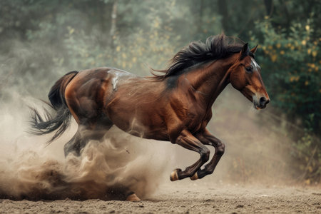 A powerful horse captured in mid-gallop, exuding energy and graceの素材