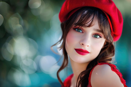 Close-up portrait of a beautiful young French woman wearing a red beret and a red dressの素材