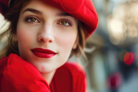 Close-up portrait of a beautiful young French woman wearing a red beret and a red dressの素材
