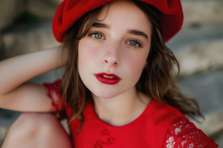 Close-up portrait of a beautiful young French woman wearing a red beret and a red dressの素材