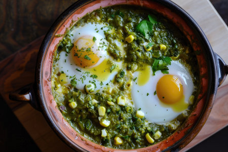 A flavorful egg dish topped with green salsaの素材