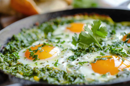 A flavorful egg dish topped with green salsaの素材