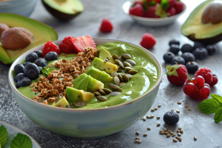 A bowl of green smoothie with delicious toppingsの素材