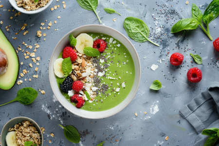 A bowl of green smoothie with delicious toppingsの素材