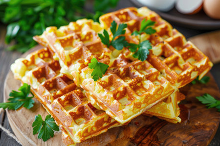 Crispy keto chaffles - waffles made with cheese and eggs, topped with fresh greensの素材