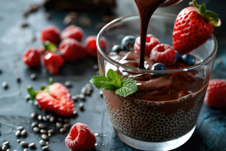 Quick and delicious chocolate pudding with chia seeds, perfect for breakfast or dessertの素材
