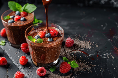 Quick and delicious chocolate pudding with chia seeds, perfect for breakfast or dessertの素材
