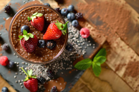 Quick and delicious chocolate pudding with chia seeds, perfect for breakfast or dessertの素材