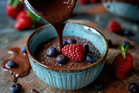 Quick and delicious chocolate pudding with chia seeds, perfect for breakfast or dessertの素材