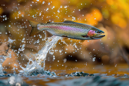 A vibrant rainbow trout leaping out of the waterの素材