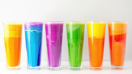 Rows of tall glass smoothie cups in all colors of the rainbow against a clean white backgroundの素材