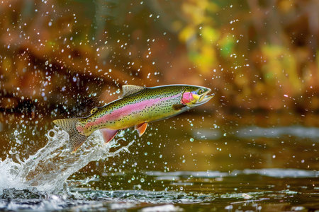 A vibrant rainbow trout leaping out of the waterの素材
