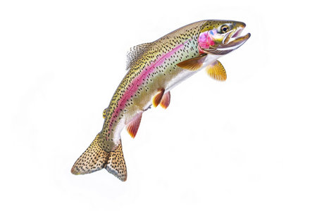 A rainbow trout leaps against a clean white backgroundの素材