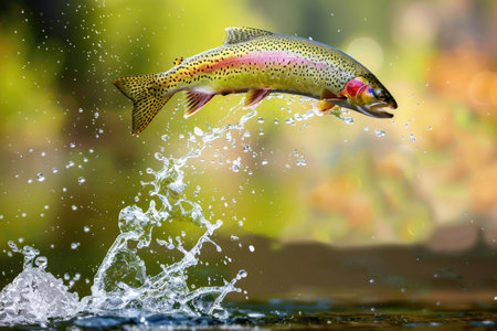 A vibrant rainbow trout leaping out of the waterの素材