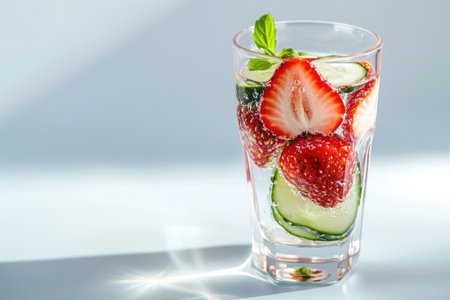 Refreshing strawberry cucumber infused water served in a glassの素材