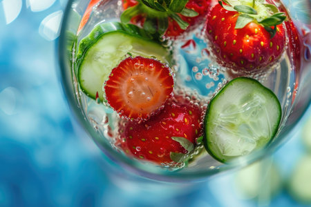 Refreshing strawberry cucumber infused water served in a glassの素材
