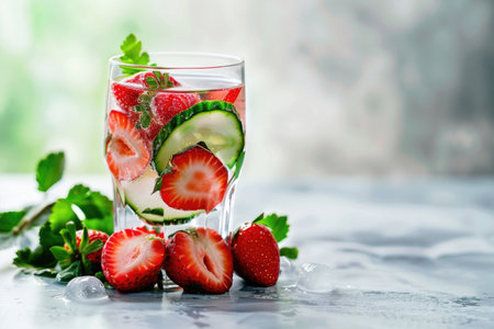 Refreshing strawberry cucumber infused water served in a glassの素材