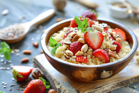 A bowl of couscous topped with fresh strawberries, nuts, and seedsの素材