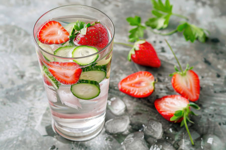 Refreshing strawberry cucumber infused water served in a glassの素材
