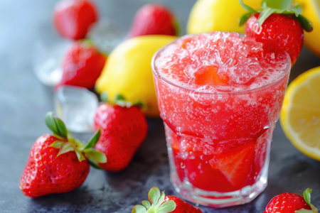 Refreshing strawberry lemon slushie with ice cubesの素材
