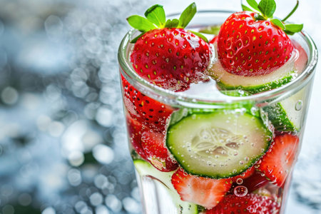 Refreshing strawberry cucumber infused water served in a glassの素材