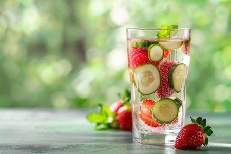 Refreshing strawberry cucumber infused water served in a glassの素材