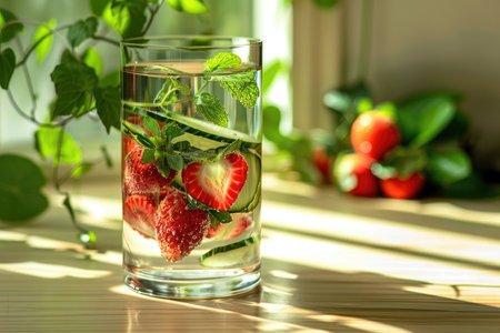Refreshing strawberry cucumber infused water served in a glassの素材