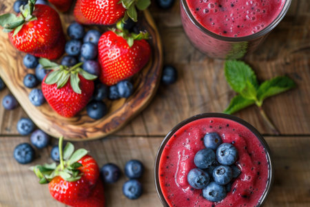 A vibrant strawberries and blueberries creates a colorful and nutritious smoothieの素材