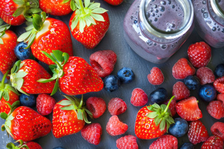 A vibrant strawberries and blueberries creates a colorful and nutritious smoothieの素材