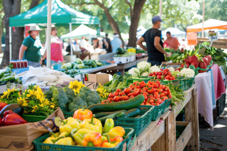 Summer market scene with colorful array of fresh produceの素材