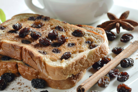 Nutrient-rich whole grain bread with cinnamon and raisins and healthy French toastの素材