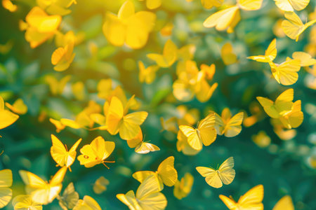 A cheerful and vibrant background filled with bright yellow butterfliesの素材