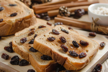 Nutrient-rich whole grain bread with cinnamon and raisins and healthy French toastの素材