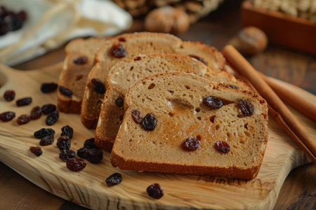 Nutrient-rich whole grain bread with cinnamon and raisins and healthy French toastの素材