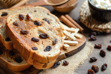 Nutrient-rich whole grain bread with cinnamon and raisins and healthy French toastの素材