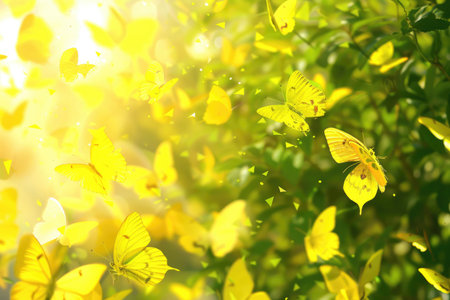 A cheerful and vibrant background filled with bright yellow butterfliesの素材