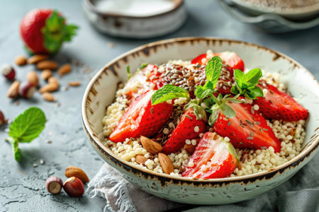 A bowl of couscous topped with fresh strawberries, nuts, and seedsの素材