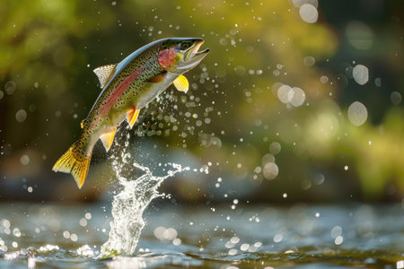 A vibrant rainbow trout leaping out of the waterの素材