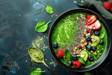 A bowl of green smoothie with delicious toppingsの素材