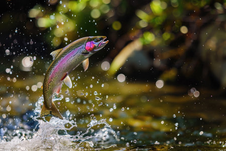 A vibrant rainbow trout leaping out of the waterの素材
