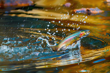A vibrant rainbow trout leaping out of the waterの素材