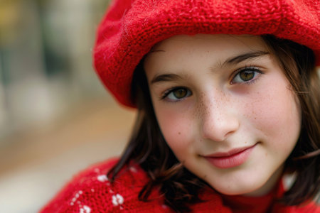 Close-up portrait of a charming young French girl wearing a red beret and a red outfitの素材