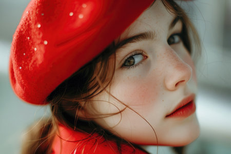 Close-up portrait of a charming young French girl wearing a red beret and a red outfitの素材