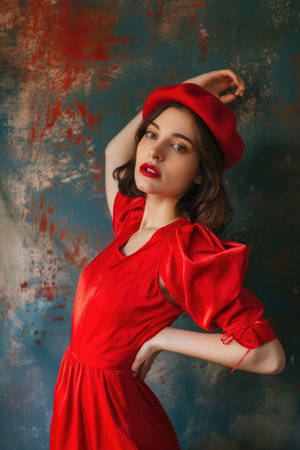 Full-length portrait of a beautiful young French woman wearing a red beret and a red dressの素材